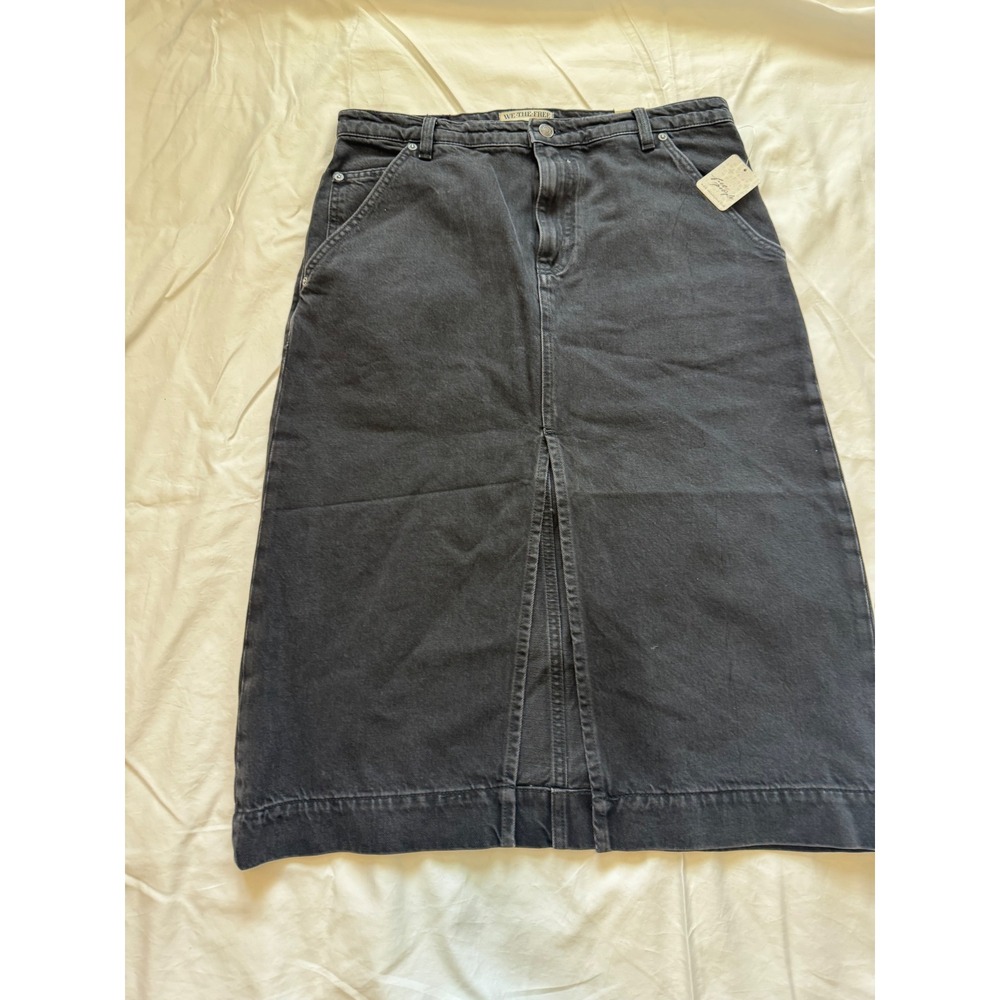 We The Free Free People Black Denim Midi Skirt Front Slit Size 31 NWT